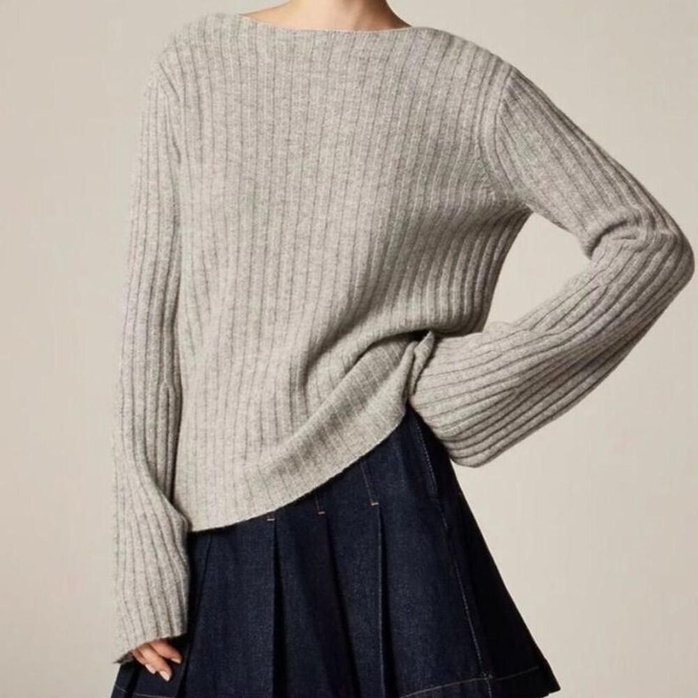 J.Crew Womens 100% Lambswool Ribbed Boatneck Flare Sleeve Sweater XS